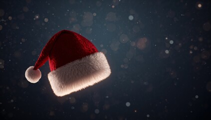 Hovering red velvet Santa hat showing pom-pom and fur trim in dark studio, rim light specks