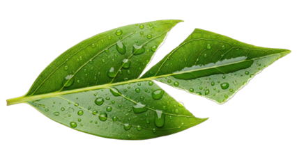 Fresh Green Leaves with Water Droplets on White Background.