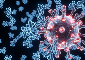 Microscopic view of a virus particle with glowing spikes and surrounding particles