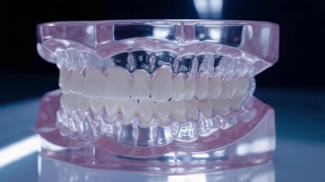 Transparent dental model displaying upper and lower teeth on a pink base.