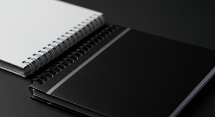 Spiral notebooks on dark surface with minimalist layout and copy space