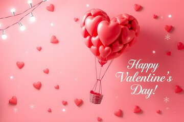 A Valentine's Day greeting card made with floating hearts, a floating air balloon, and fairy lights. 