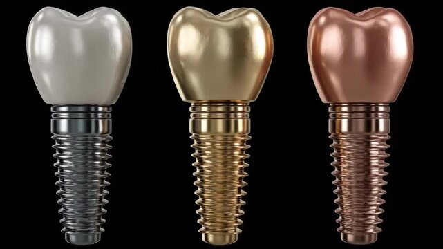 Three dental implants with crown prosthetics in silver, gold and bronze tones mounted on screw-like bases.