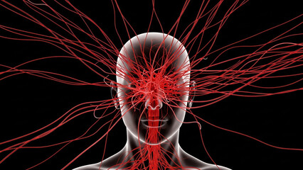 Abstract visualization of a human head with glowing red neural pathways spreading outwards