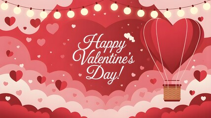 A Valentine's Day greeting card made with floating hearts, a floating air balloon, and fairy lights. 