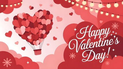 A Valentine's Day greeting card made with floating hearts, a floating air balloon, and fairy lights. 
