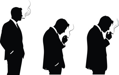 Smoking silhouette vector set, suit pose icons, cigarette action sequence, black flat illustration, cad drawing flat vector illustration
