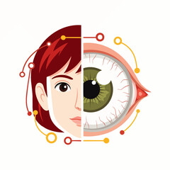 Conceptual illustration of a human eye divided, showing both a healthy half and a red irritated eye half.