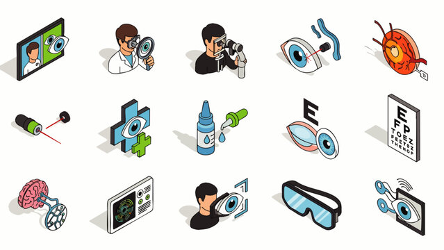 Collection of isometric icons representing optometry and eye care diagnostics, vision testing, and medical equipment.