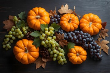 A background of green grapes, purple grapes, maple leaves and a pumpkin representing the harvest. Thanksgiving day concept.