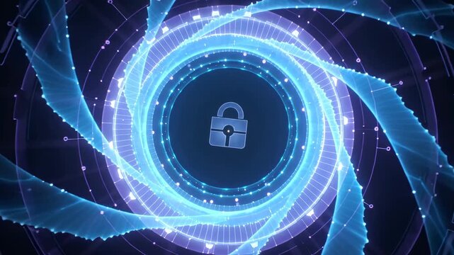 Secure digital padlock security cybersecurity data network vortex with glowing blue spiral rings