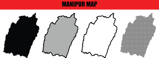 Manipur Map Vector Illustration Set with Silhouette and Outline Styles Isolated on White