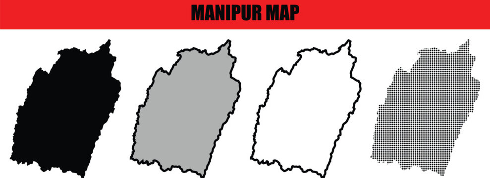 Manipur Map Vector Illustration Set with Silhouette and Outline Styles Isolated on White