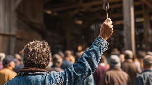 A speaker raises a hand at a rural community gathering.