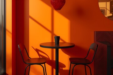 A black paper coffee mug on a table in a creatively constructed caf&eacute;.