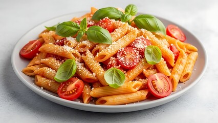 Delicious penne pasta with tomatoes and fresh basil