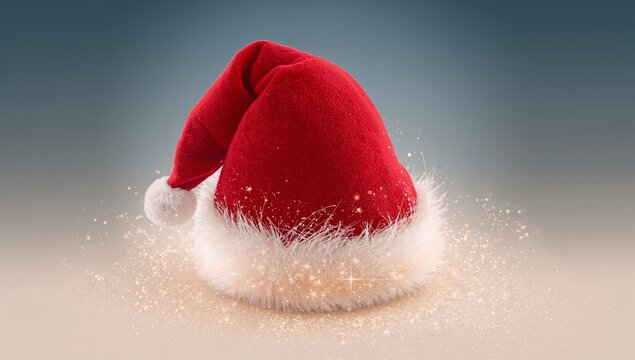 Showing red Santa hat slouching on beige table, white fur brim, pom-pom, golden glitter, studio-lit