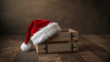 Displaying rustic wooden crate draping red Santa hat with white trim and pompom in studio