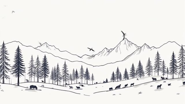 Hand Drawn Animation of a Wildlife Landscape Featuring Trees Mountains and Animals