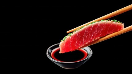 Fresh tuna sashimi with soy sauce black background
