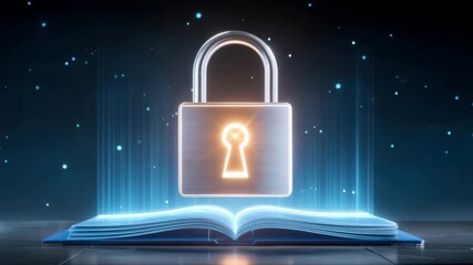 Glowing padlock over open book data privacy security protection secure knowledge futuristic safe