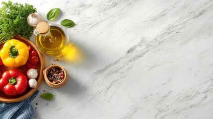 Fresh ingredients olive oil on marble background