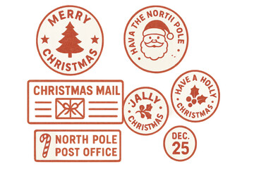 Obraz premium Festive Holiday Stamps and Stickers Featuring Christmas Trees, Santa Claus, and Cheerful Greetings for a Merry North Pole Celebration