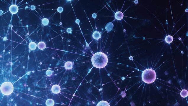 Abstract digital network connections with glowing spheres and lines. - Powered by Adobe