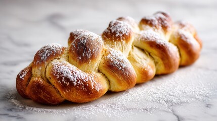 Freshly baked braided bread with powdered sugar on marble surface
