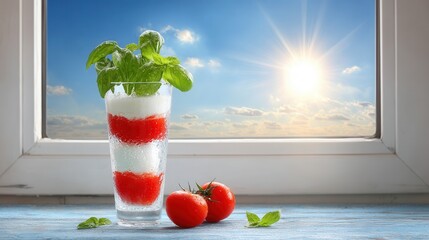 Caprese salad in glass sunny window