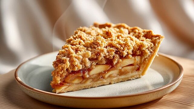 Delicious warm apple crumble pie slice on plate with steam rising