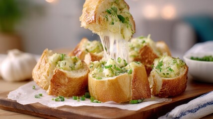 Cheesy garlic bread with fresh herbs on wooden board