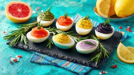 Colorful deviled eggs with diverse toppings on slate platter