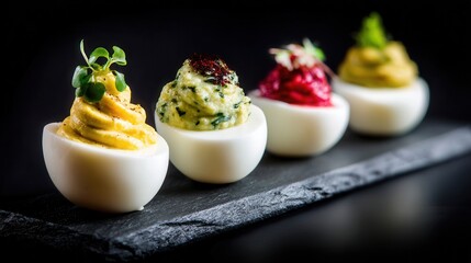Deviled egg varieties on slate tray