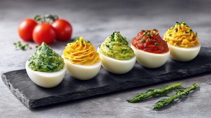 Deviled eggs with colorful fillings on slate tray
