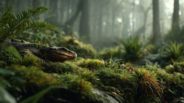 scene of ancient mammal-like reptiles (e.g., lystrosaurus) foraging among dinosaur tracks in a mossy jungle, cinematic focus