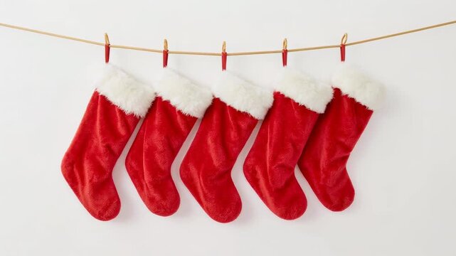 Gravity pulling five red Xmas stockings with white cuffs, rotating, settling on wall with gold cord