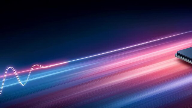 Neon light trail over glossy surface with stacked device exuding motion and energy neon blue