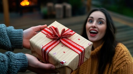 Man's hands present a beautifully wrapped gift box to a surprised woman with an excited expression outdoors
