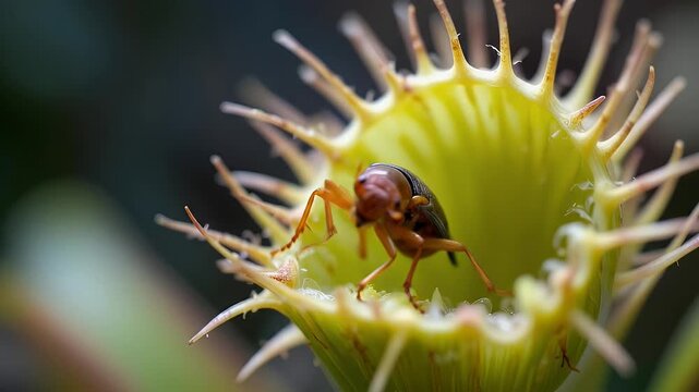 Insect trapped inside the Venus flytrap, a carnivorous plant eating a victim