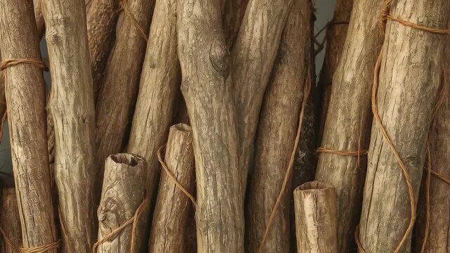 Shifting camera revealing bundle of vertical wooden poles at shed, showing knots and twine wraps