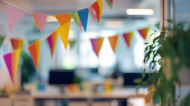Colorful celebration banner hanging in a bright room with desks and chairs.