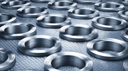 Close-up view of multiple shiny, metallic ring-shaped objects arranged uniformly