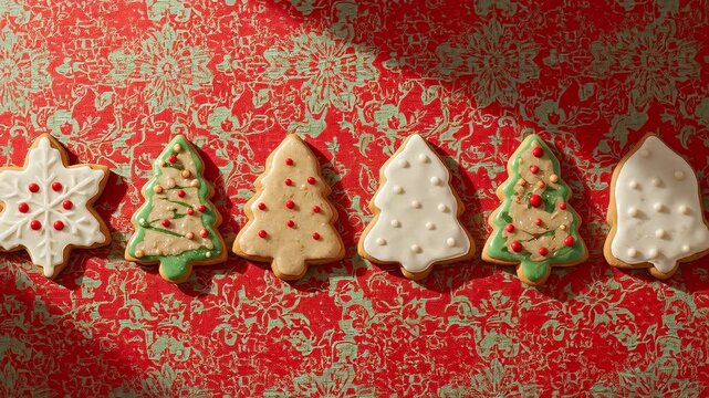 Camera filming six iced cookies on red cloth at home, sunlight shifting highlighting icing sheen
