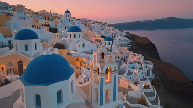 Aerial view of iconic blue-domed churches and white houses in Oia, Santorini, Greece, perched on the caldera cliff at twilight.