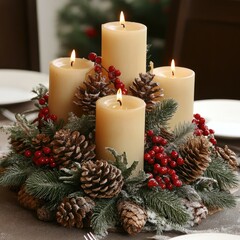 Three lit candles placed in pine cone and red berry centerpiece with evergreen branches. Christmas table decoration with natural elements and soft lighting. Generative AI