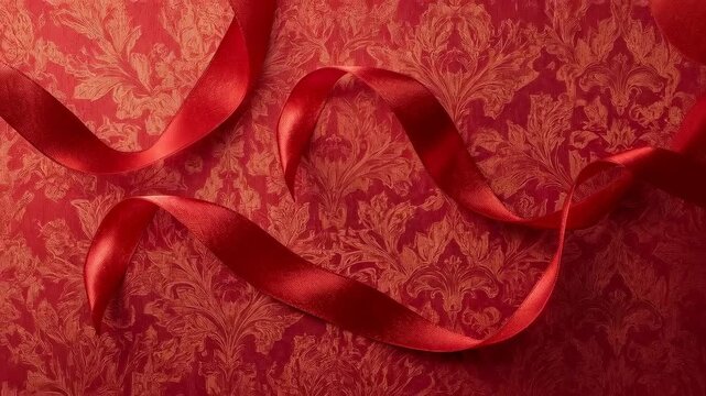 Shimmering red satin ribbon adjusting curls on red damask surface with warm light shifting