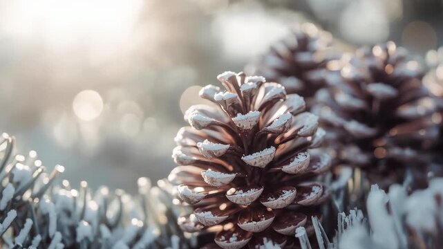 Camera pulling as sunlight shifting, adjusting focus on frosted branch, showing pine cone and bokeh