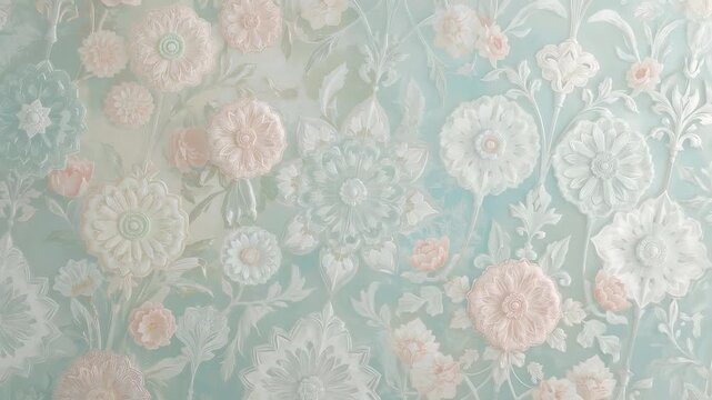 Drifting camera revealing embossed floral wallpaper at home, showing repeating pattern and texture