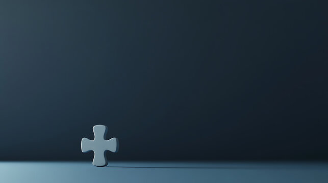 A solitary, pale puzzle piece stands out against a deep teal backdrop, illuminated with soft lighting that casts subtle shadows. The image focuses on isolation and incompletion.